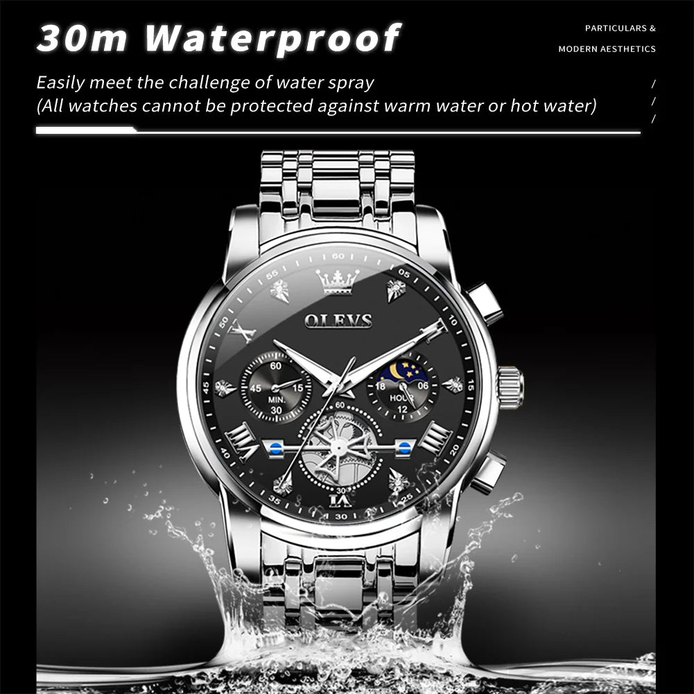 OLEVS 2856 Men's Watches Classic Multifunctional Fltwheel Chronograph Original Quartz Wristwatch Moon Phase 24 Hour Waterproof