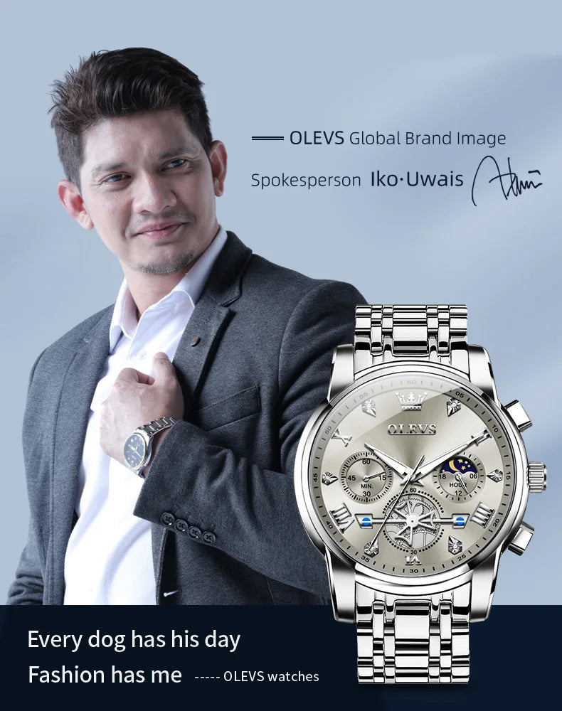 OLEVS 2856 Men's Watches Classic Multifunctional Fltwheel Chronograph Original Quartz Wristwatch Moon Phase 24 Hour Waterproof