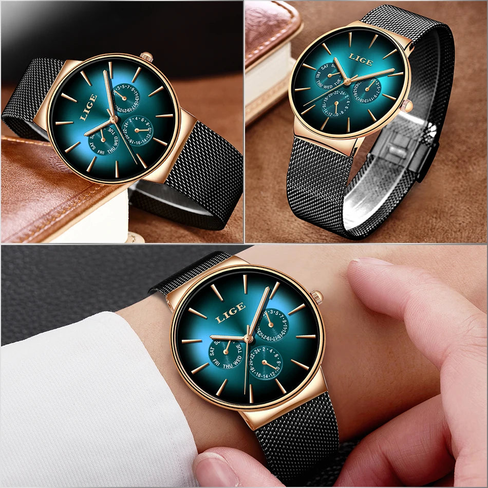 New LIGE Fashion Mens Watches Top Brand Luxury Quartz Watch Men Mesh Steel Waterproof Ultra-thin Wristwatch For Men Sport Clock