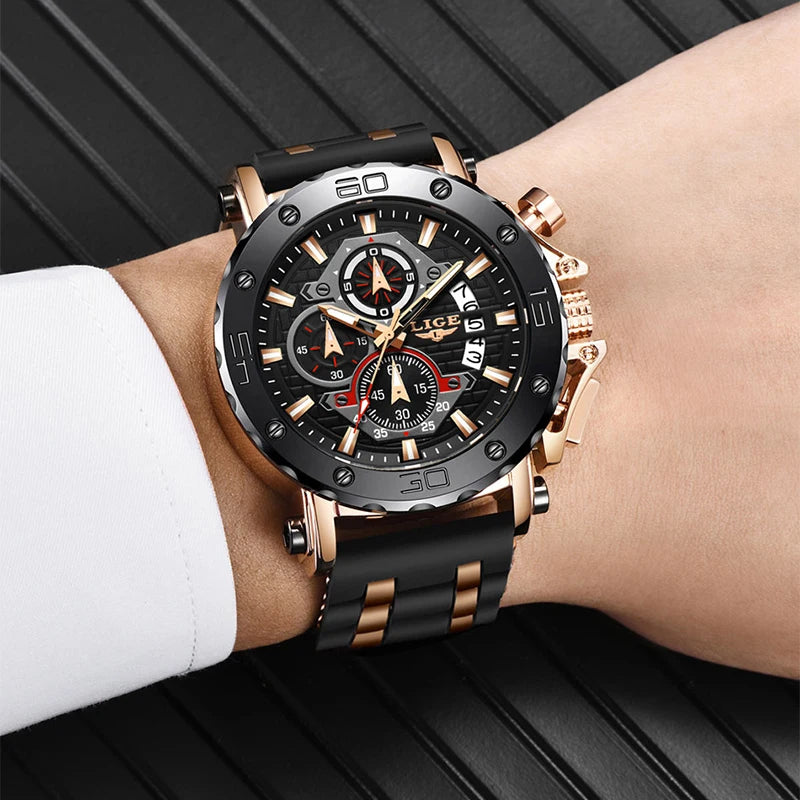 LIGE 2024 New Business Silicone Mens Watches Top Brand Luxury Quartz Watch For Men Waterproof Sport Big Dial Military Wristwatch