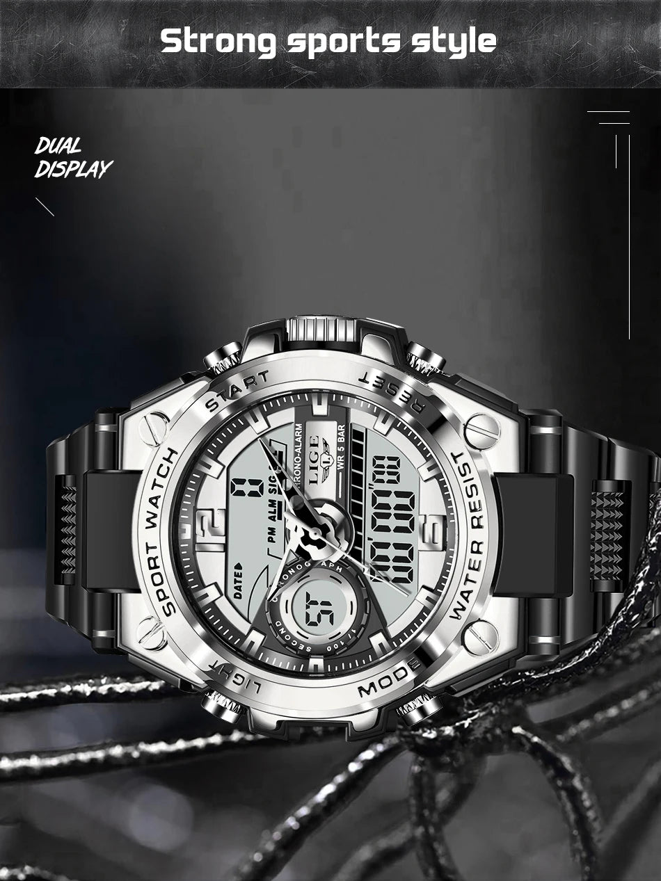 LIGE Men Military Watch Digital 50m Waterproof Wristwatch LED Quartz Clock Sport Watch Male Big Watches Men Relogios Masculino