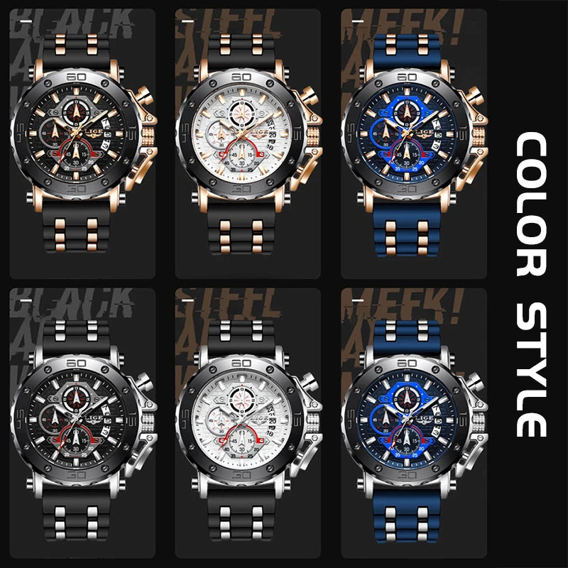LIGE 2024 New Business Silicone Mens Watches Top Brand Luxury Quartz Watch For Men Waterproof Sport Big Dial Military Wristwatch