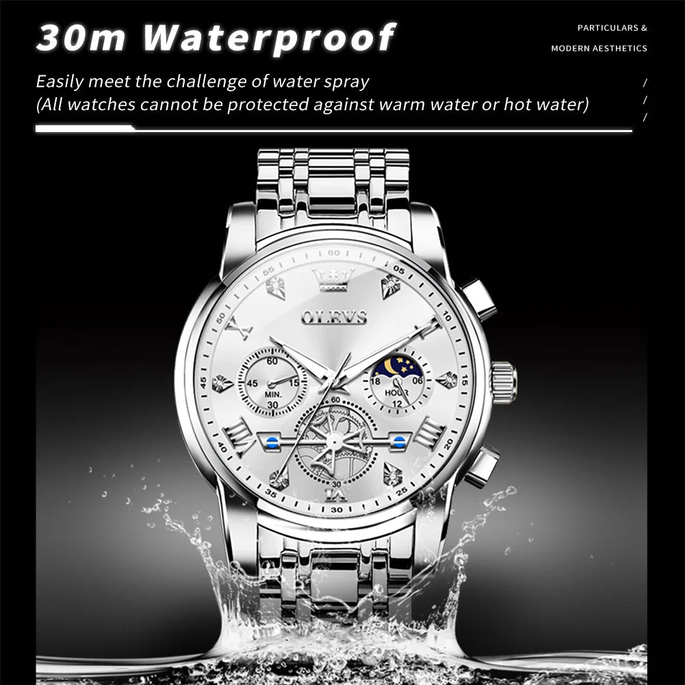 OLEVS 2856 Men's Watches Classic Multifunctional Fltwheel Chronograph Original Quartz Wristwatch Moon Phase 24 Hour Waterproof