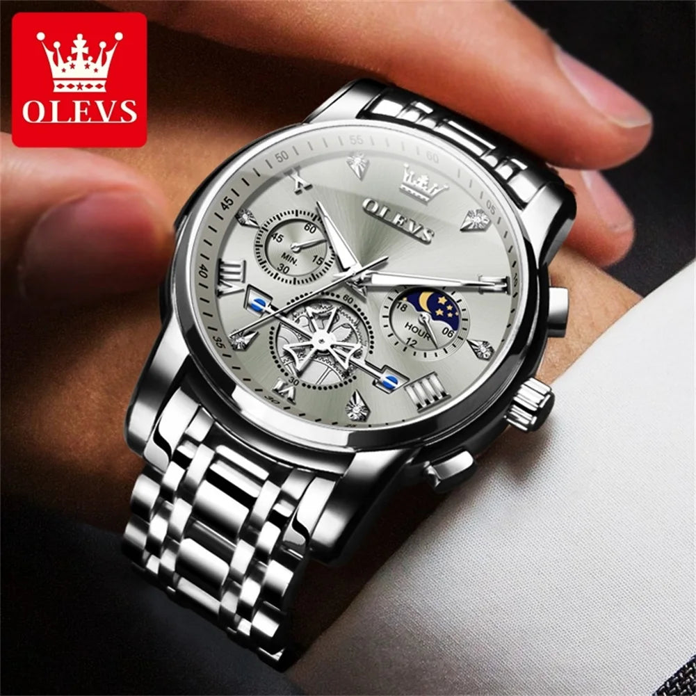 OLEVS 2856 Men's Watches Classic Multifunctional Fltwheel Chronograph Original Quartz Wristwatch Moon Phase 24 Hour Waterproof