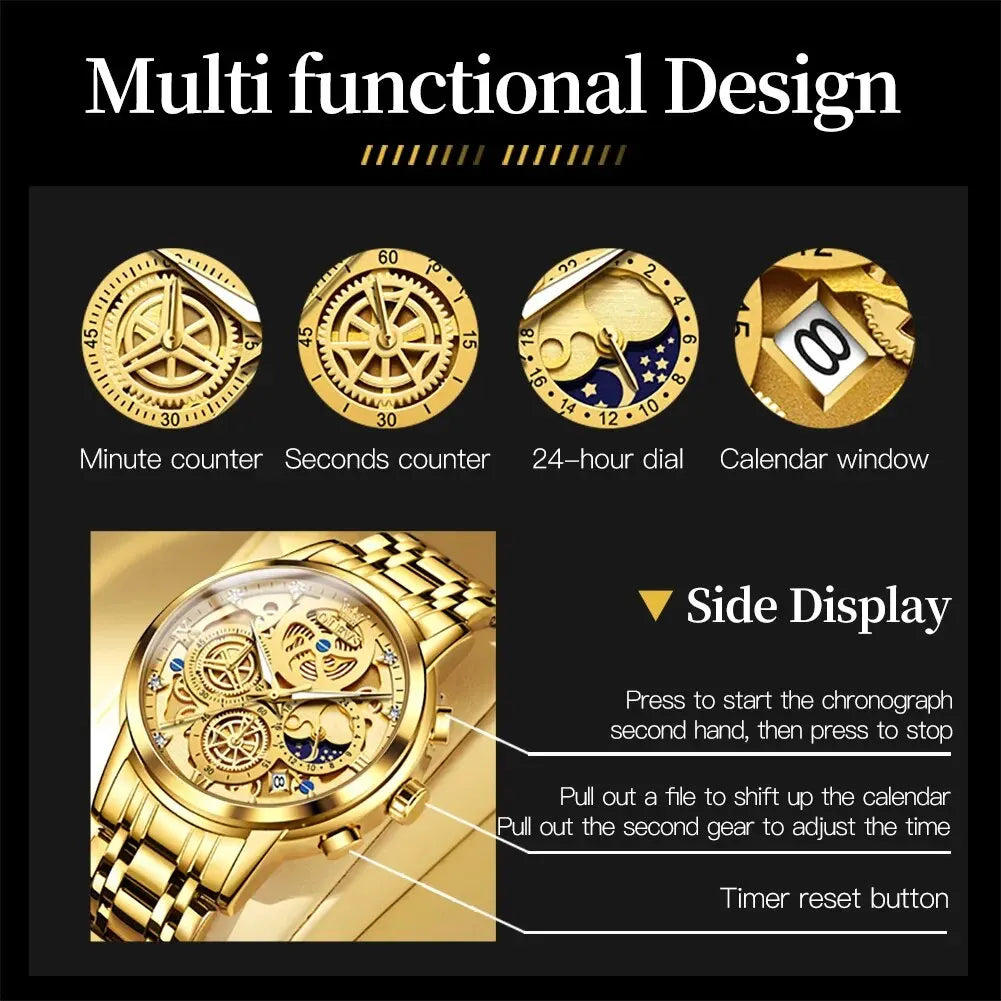 OLEVS 9947 Men's Watches Top Brand Luxury Original Waterproof Quartz Watch for Man Skeleton Style 24 Hour Day Night Wristwatch
