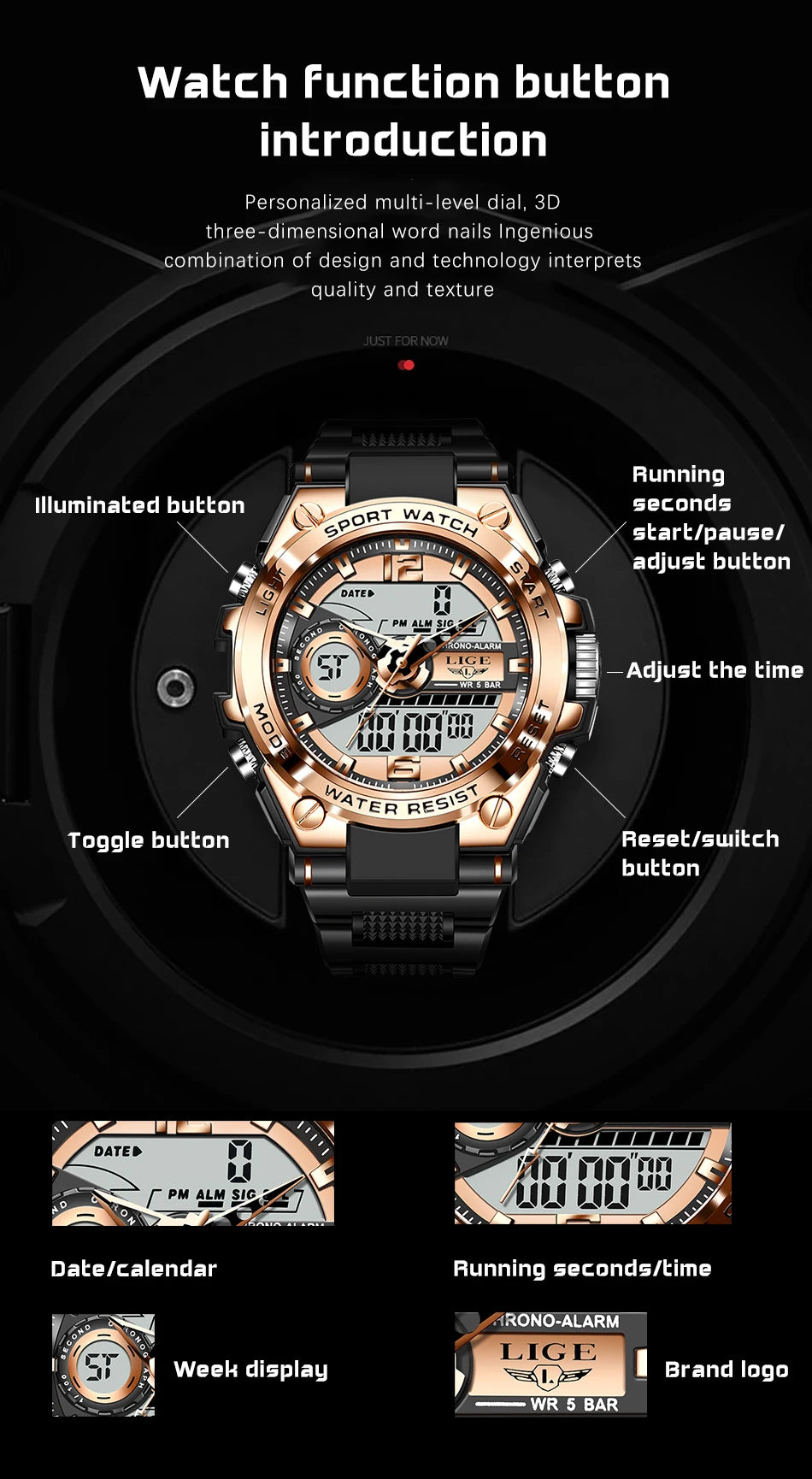 LIGE Men Military Watch Digital 50m Waterproof Wristwatch LED Quartz Clock Sport Watch Male Big Watches Men Relogios Masculino