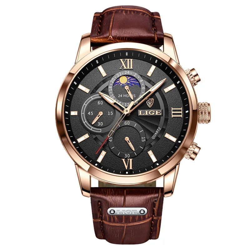 LIGE 2024 New Mens Watches Top Brand Luxury Brown Leather Casual Quartz Watch Men Sport Waterproof Clock Watch Relogio Masculino