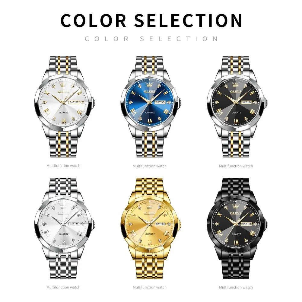 OLEVS Men's Watches Rhombus Mirror Original Quartz Watch for Man Waterproof Luminous Stainless Steel Wristwatch Male Date Week