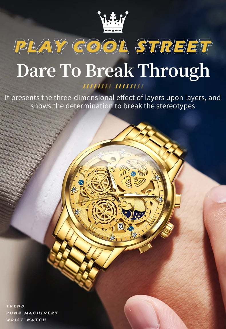 OLEVS 9947 Men's Watches Top Brand Luxury Original Waterproof Quartz Watch for Man Skeleton Style 24 Hour Day Night Wristwatch