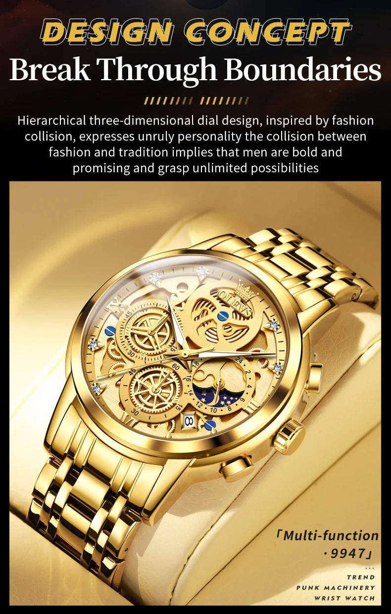 OLEVS 9947 Men's Watches Top Brand Luxury Original Waterproof Quartz Watch for Man Skeleton Style 24 Hour Day Night Wristwatch