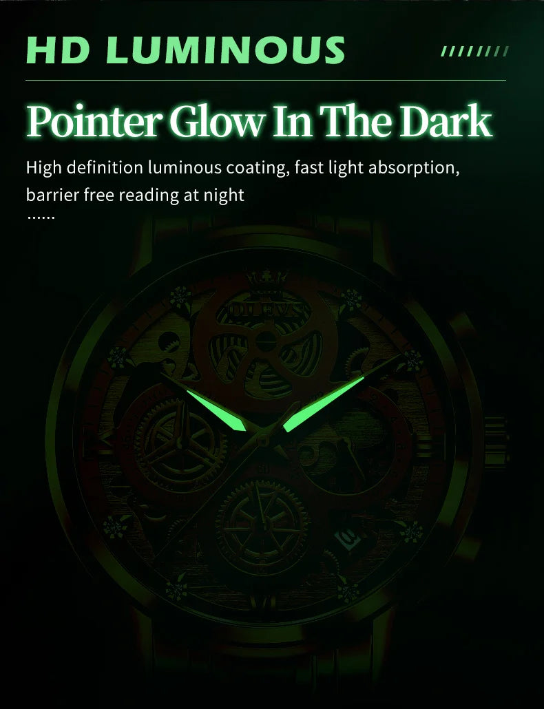 OLEVS 9947 Men's Watches Top Brand Luxury Original Waterproof Quartz Watch for Man Skeleton Style 24 Hour Day Night Wristwatch