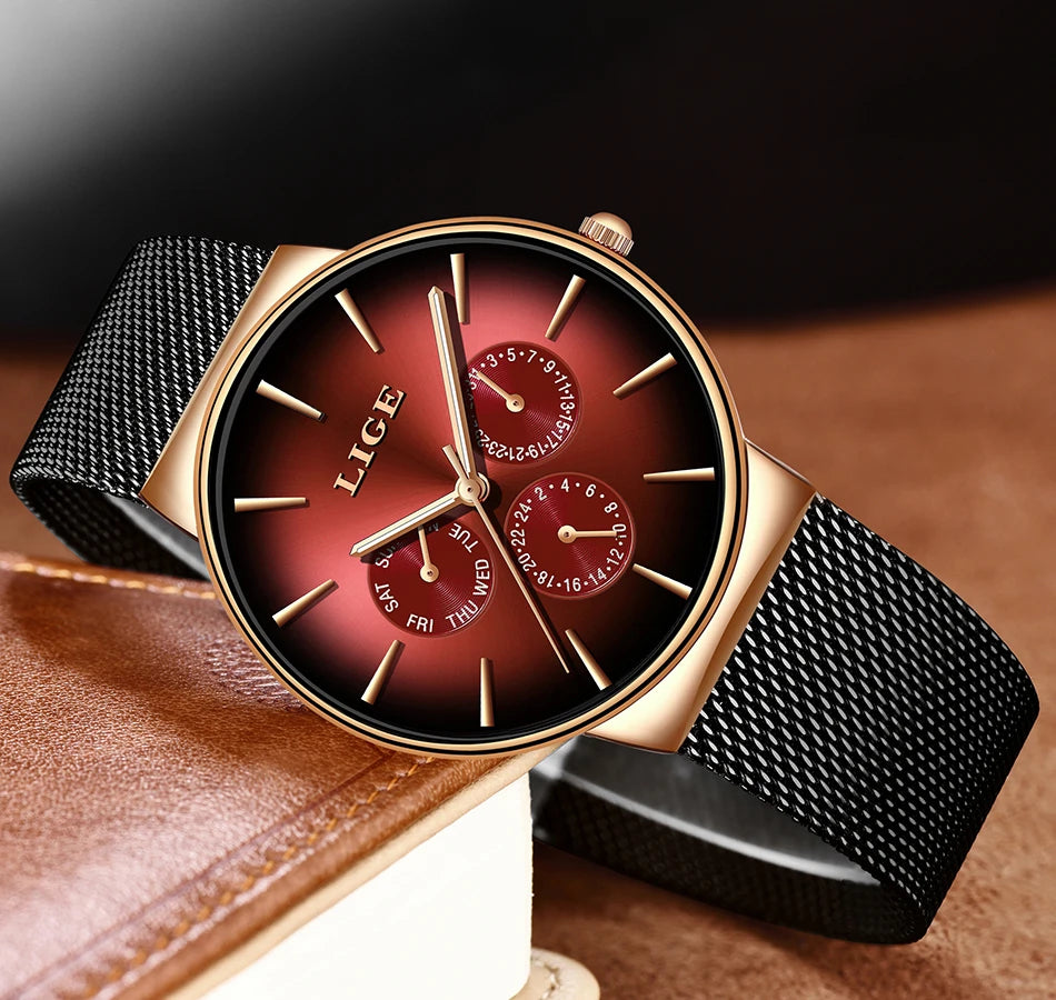 New LIGE Fashion Mens Watches Top Brand Luxury Quartz Watch Men Mesh Steel Waterproof Ultra-thin Wristwatch For Men Sport Clock