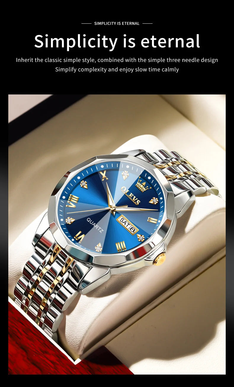 OLEVS Men's Watches Rhombus Mirror Original Quartz Watch for Man Waterproof Luminous Stainless Steel Wristwatch Male Date Week