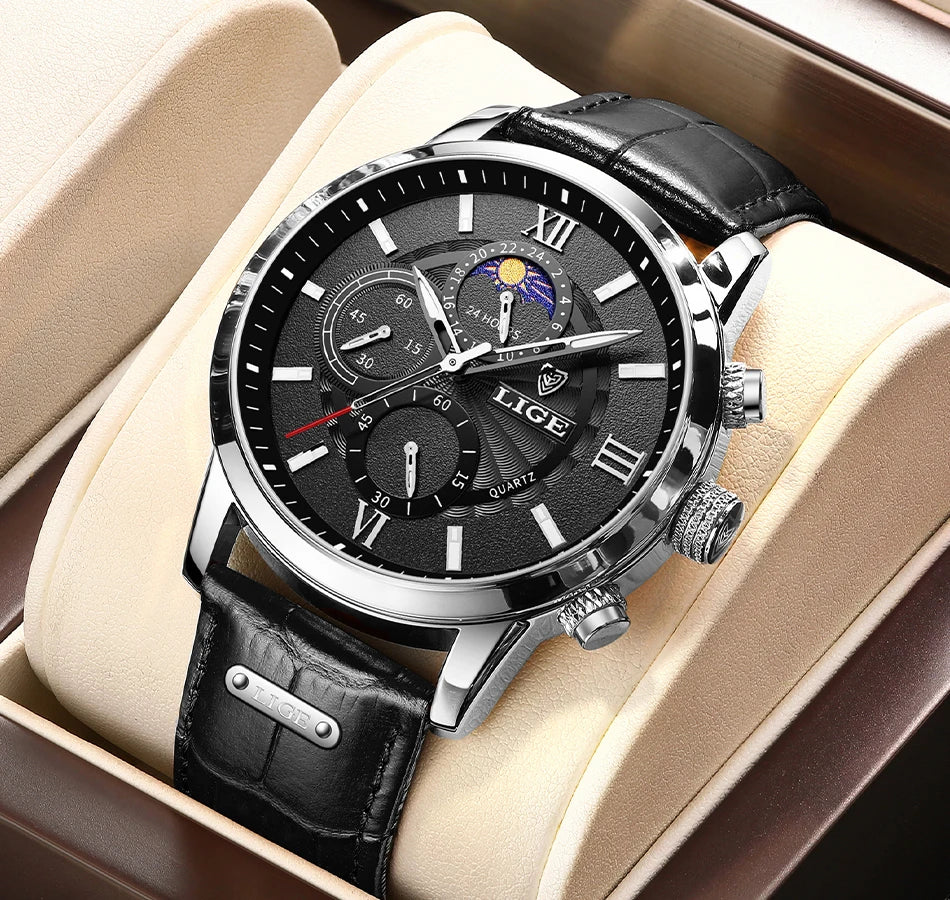 LIGE 2024 New Mens Watches Top Brand Luxury Brown Leather Casual Quartz Watch Men Sport Waterproof Clock Watch Relogio Masculino