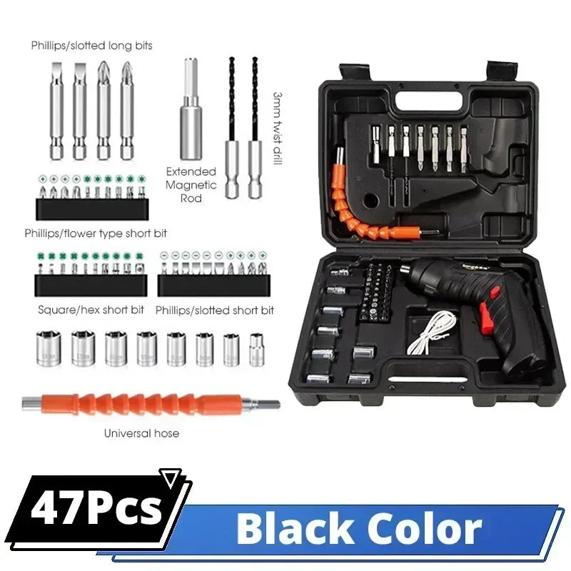 47pcs Electric Screwdriver Cordless Electric Kit Household Small Electric Drill Driver Front LED Light Easy For Small Home Tools