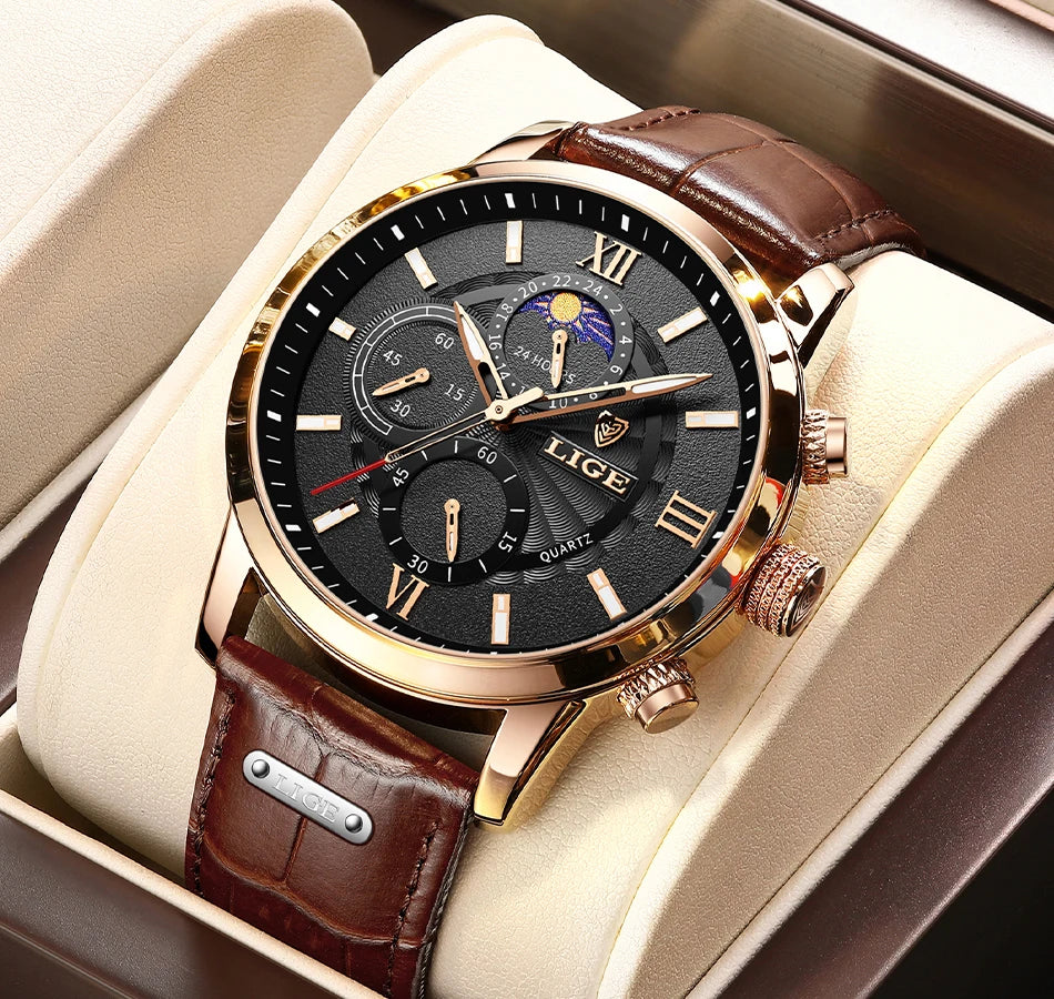 LIGE 2024 New Mens Watches Top Brand Luxury Brown Leather Casual Quartz Watch Men Sport Waterproof Clock Watch Relogio Masculino