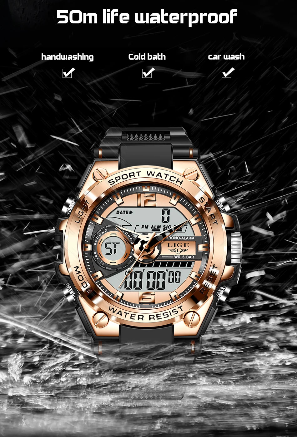 LIGE Men Military Watch Digital 50m Waterproof Wristwatch LED Quartz Clock Sport Watch Male Big Watches Men Relogios Masculino