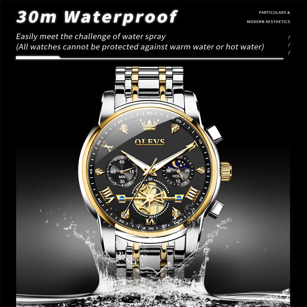 OLEVS 2856 Men's Watches Classic Multifunctional Fltwheel Chronograph Original Quartz Wristwatch Moon Phase 24 Hour Waterproof