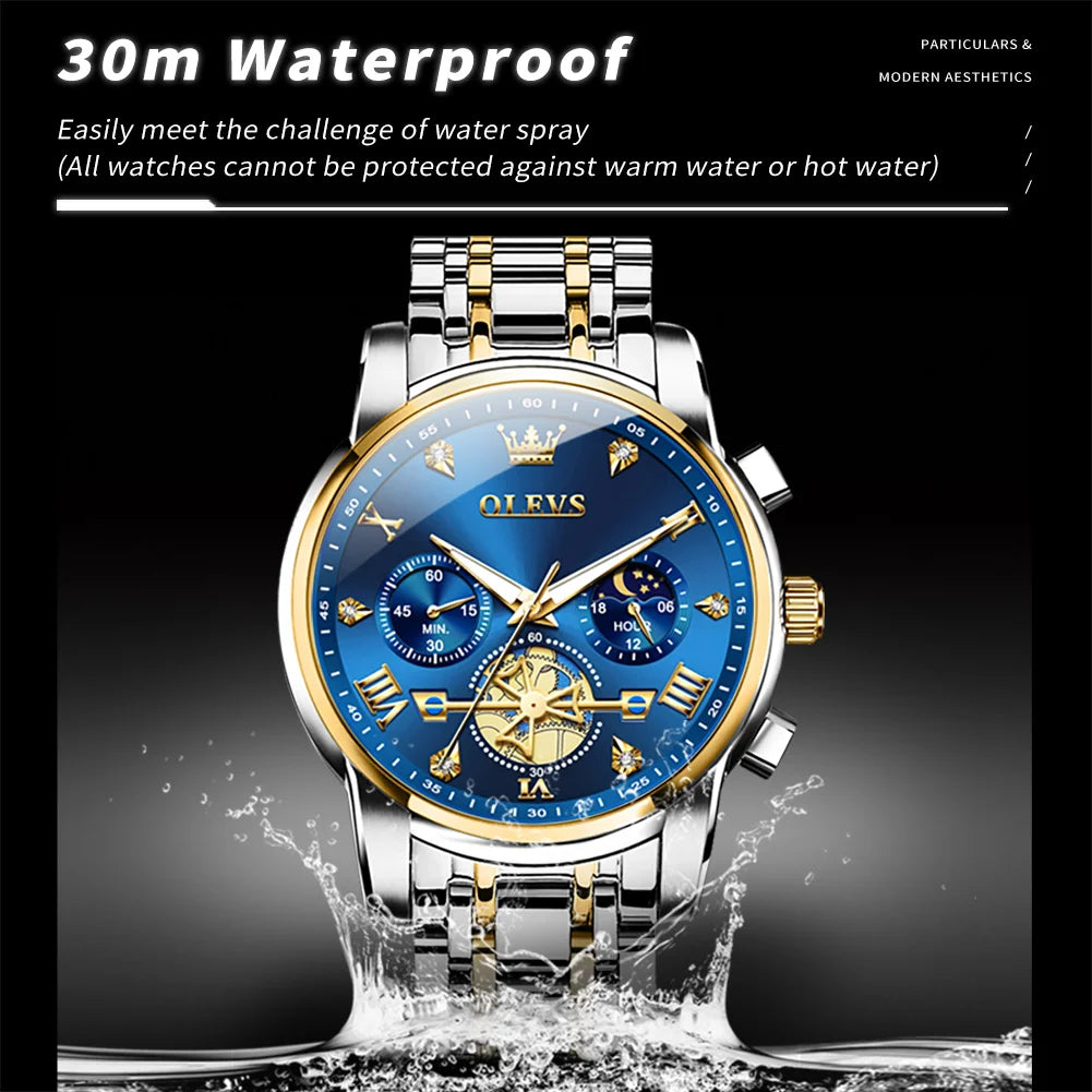 OLEVS 2856 Men's Watches Classic Multifunctional Fltwheel Chronograph Original Quartz Wristwatch Moon Phase 24 Hour Waterproof