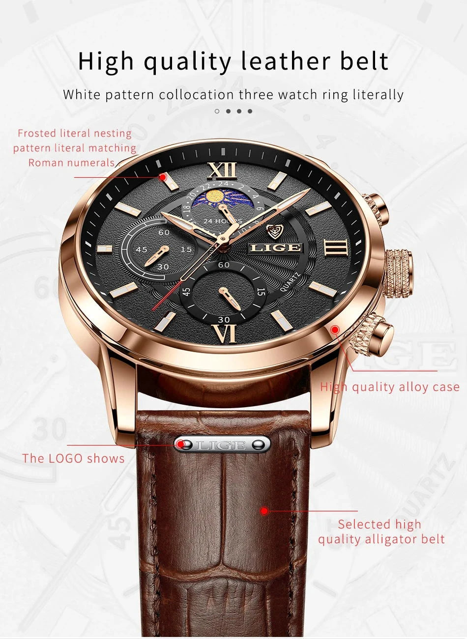 LIGE 2024 New Mens Watches Top Brand Luxury Brown Leather Casual Quartz Watch Men Sport Waterproof Clock Watch Relogio Masculino