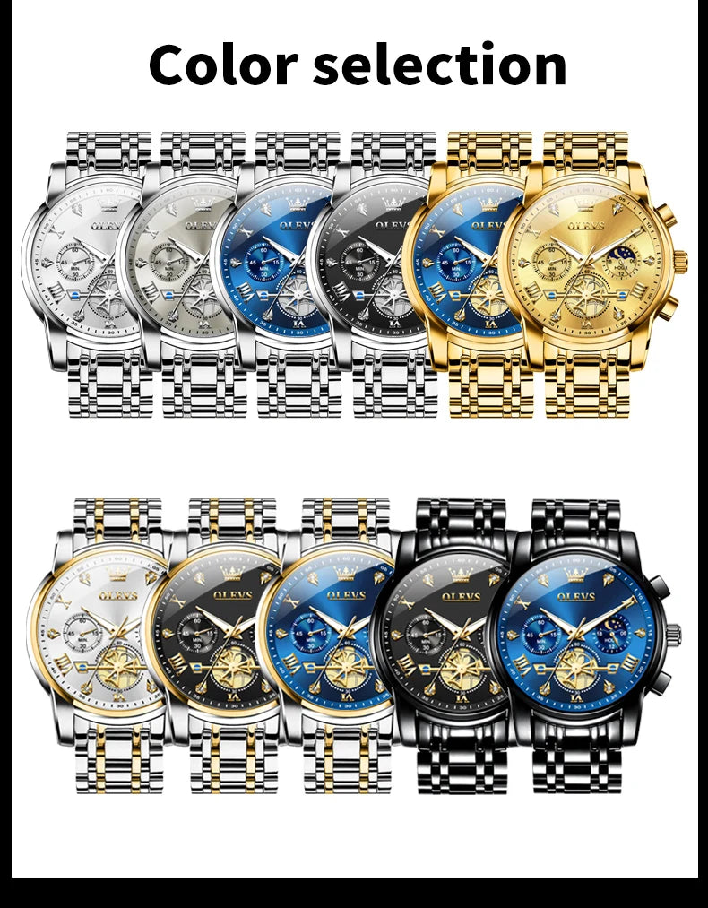 OLEVS 2856 Men's Watches Classic Multifunctional Fltwheel Chronograph Original Quartz Wristwatch Moon Phase 24 Hour Waterproof