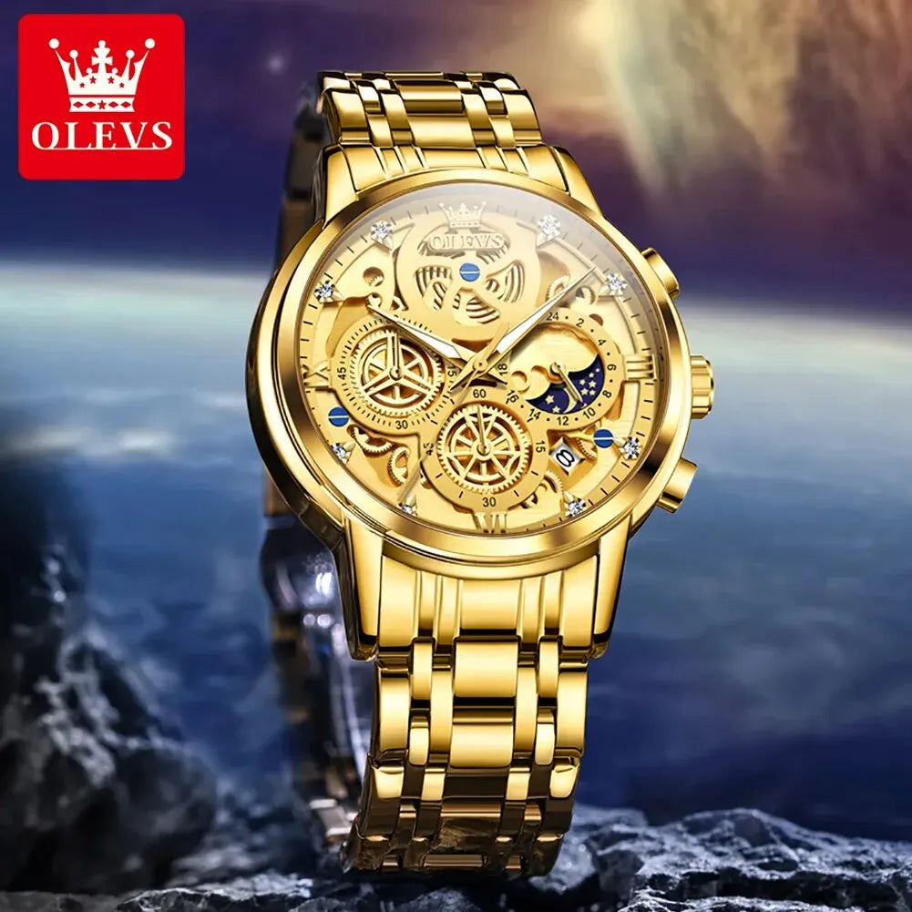 OLEVS 9947 Men's Watches Top Brand Luxury Original Waterproof Quartz Watch for Man Skeleton Style 24 Hour Day Night Wristwatch