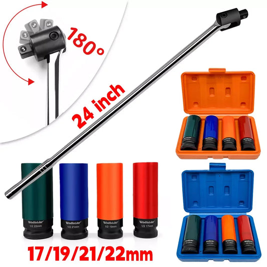 24" Long Strong Arm Power Breaker Bar & 1/2" Drive Wheel Nut Socket Set 17-22mm Profession Workshop Auto Repair Tools