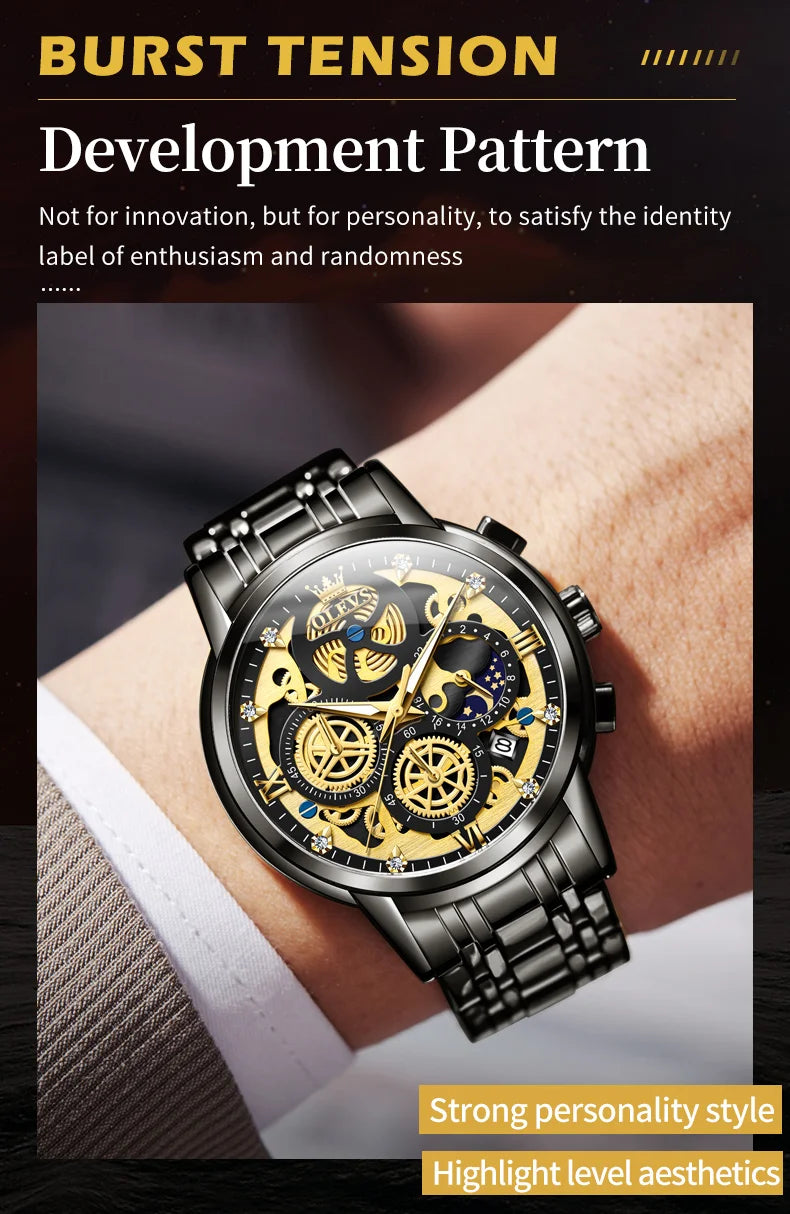 OLEVS 9947 Men's Watches Top Brand Luxury Original Waterproof Quartz Watch for Man Skeleton Style 24 Hour Day Night Wristwatch