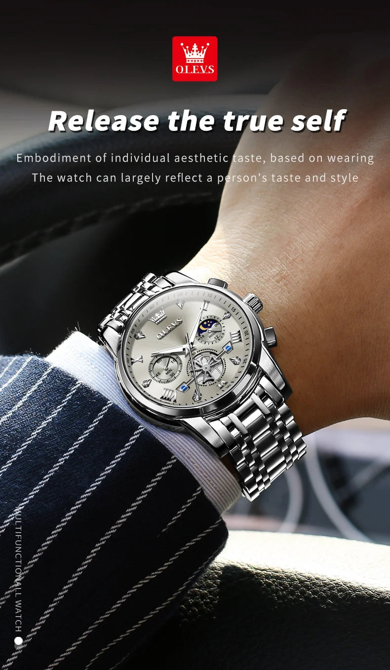 OLEVS 2856 Man Watch 24 Hour Moon Phase Chronograph Waterproof Luminous Multifuncation Original Luxury Quartz Wristwatch for Men