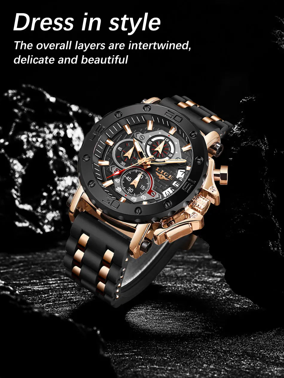 LIGE 2024 New Business Silicone Mens Watches Top Brand Luxury Quartz Watch For Men Waterproof Sport Big Dial Military Wristwatch