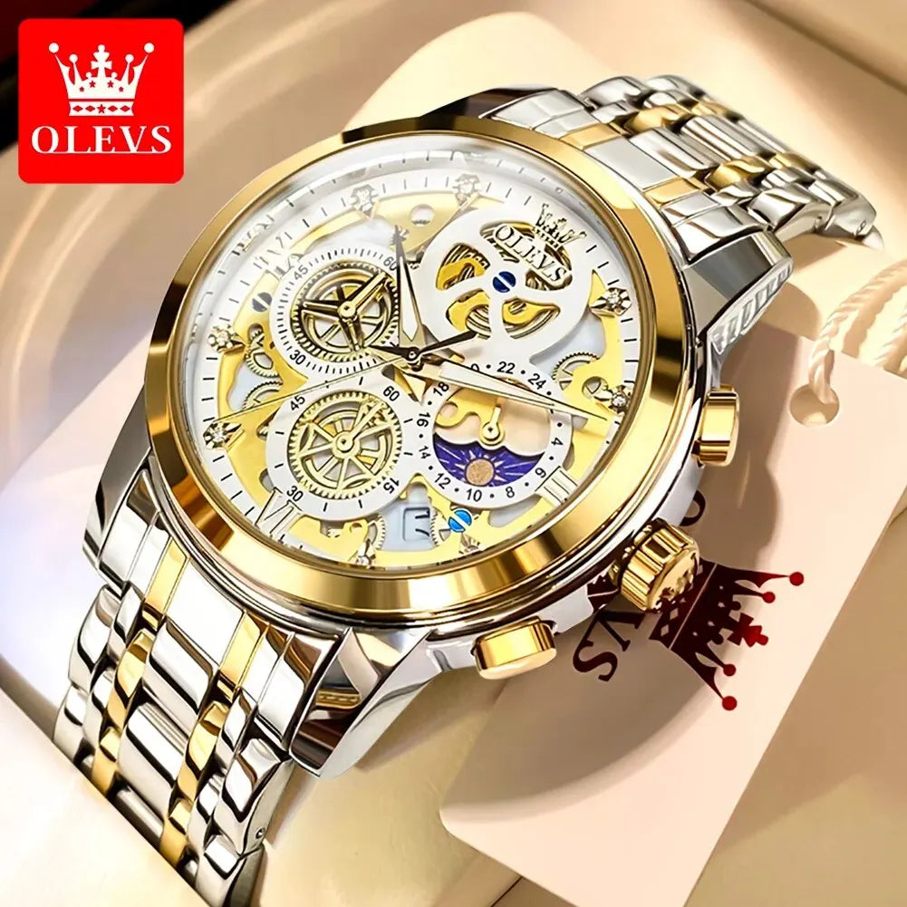 OLEVS 9947 Men's Watches Top Brand Luxury Original Waterproof Quartz Watch for Man Skeleton Style 24 Hour Day Night Wristwatch