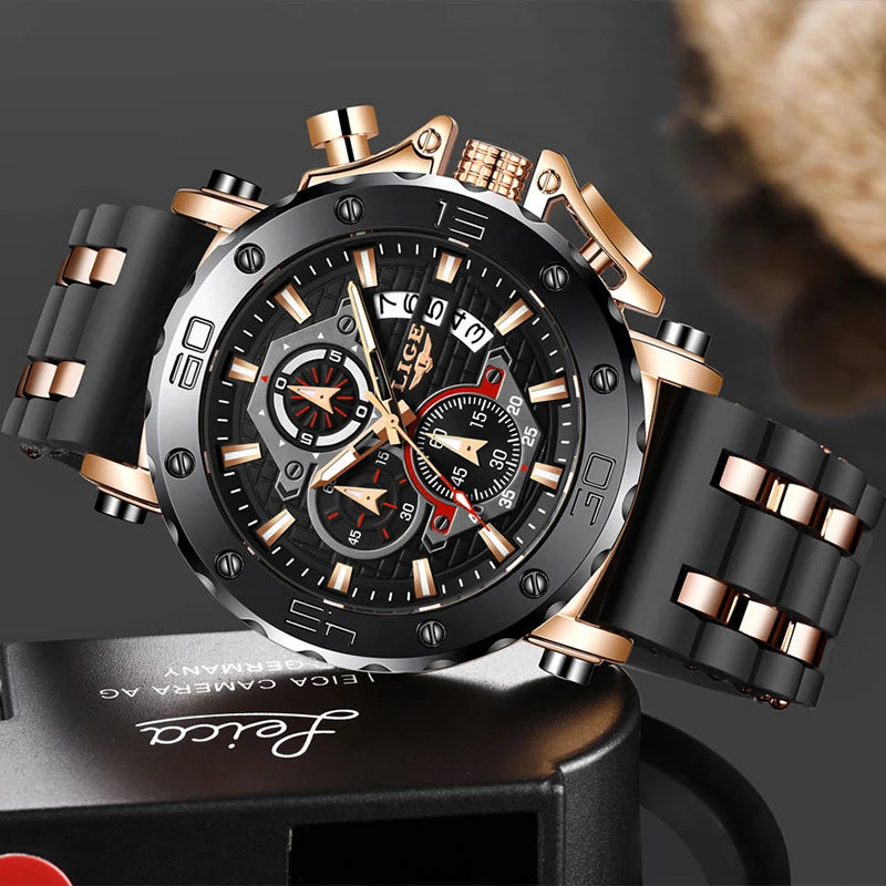 LIGE 2024 New Business Silicone Mens Watches Top Brand Luxury Quartz Watch For Men Waterproof Sport Big Dial Military Wristwatch