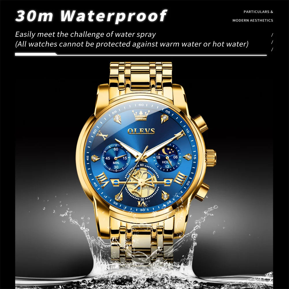 OLEVS 2856 Men's Watches Classic Multifunctional Fltwheel Chronograph Original Quartz Wristwatch Moon Phase 24 Hour Waterproof