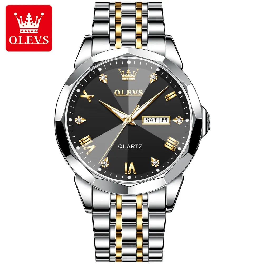 OLEVS Men's Watches Rhombus Mirror Original Quartz Watch for Man Waterproof Luminous Stainless Steel Wristwatch Male Date Week