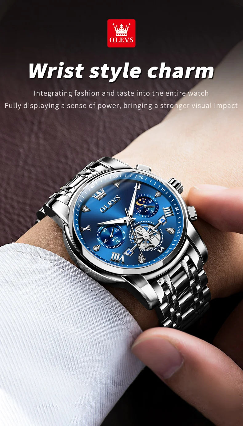 OLEVS 2856 Man Watch 24 Hour Moon Phase Chronograph Waterproof Luminous Multifuncation Original Luxury Quartz Wristwatch for Men