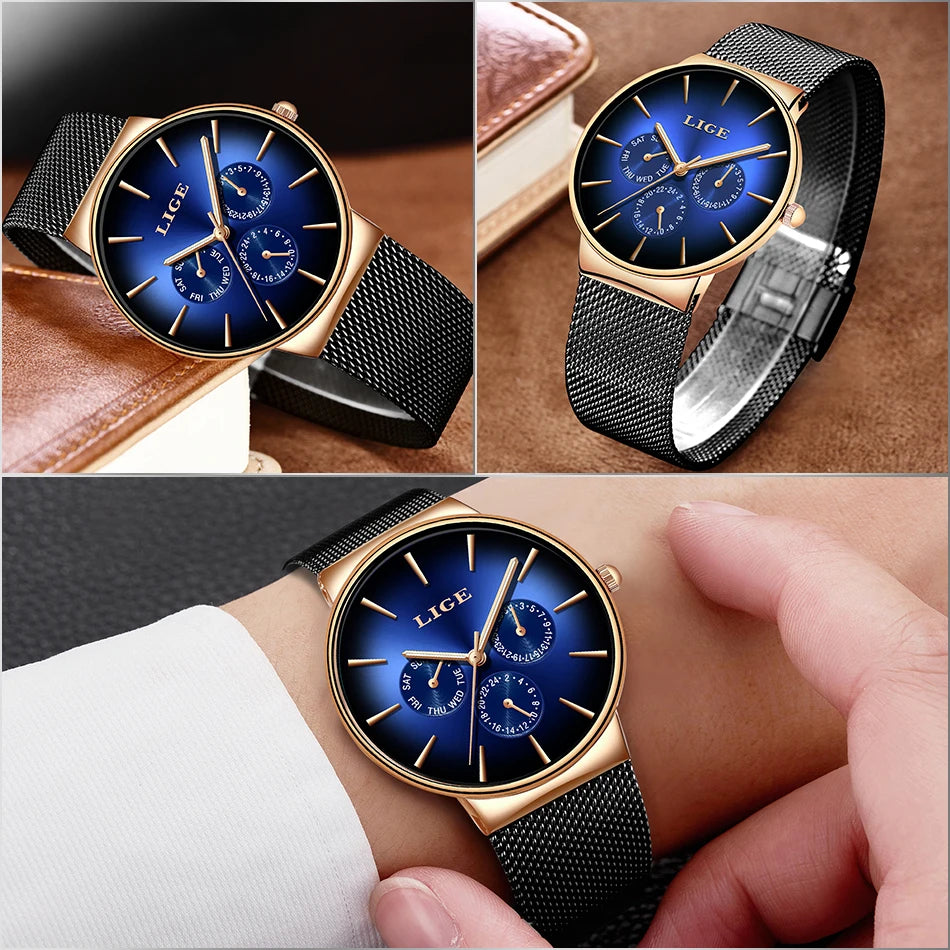 New LIGE Fashion Mens Watches Top Brand Luxury Quartz Watch Men Mesh Steel Waterproof Ultra-thin Wristwatch For Men Sport Clock
