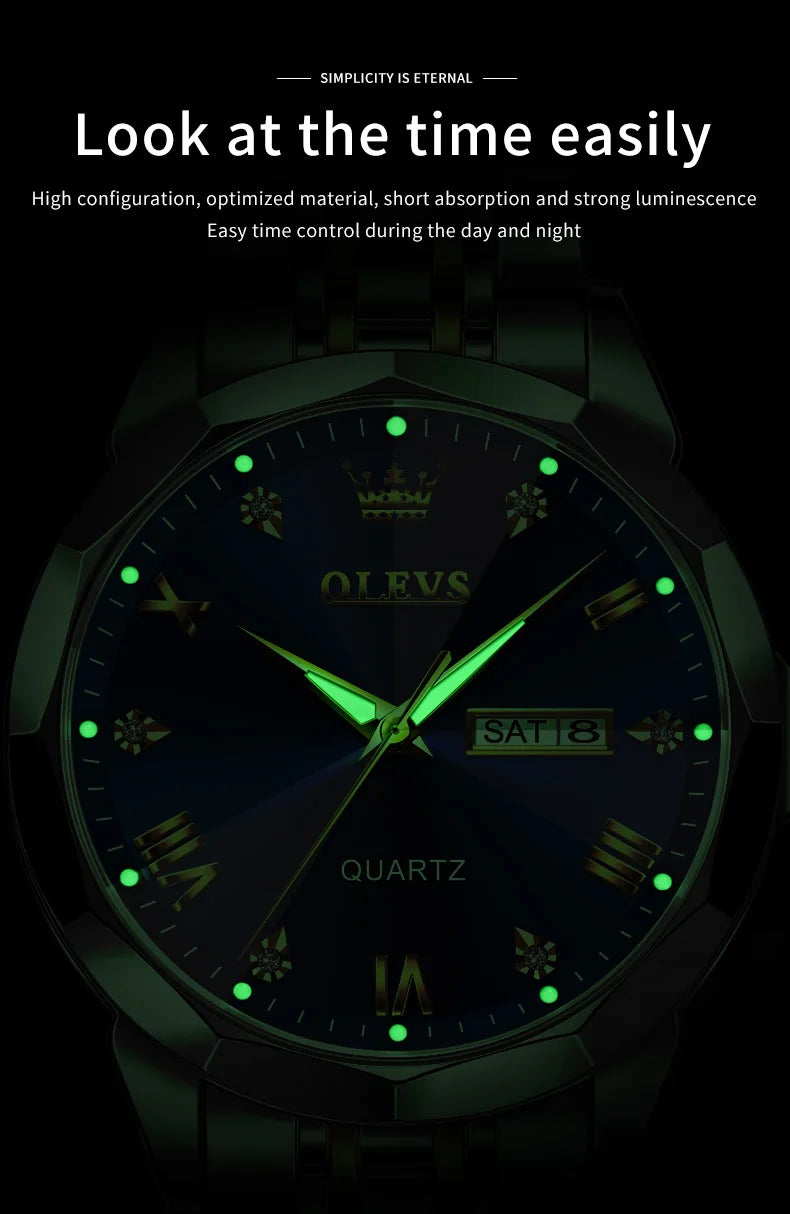 OLEVS Men's Watches Rhombus Mirror Original Quartz Watch for Man Waterproof Luminous Stainless Steel Wristwatch Male Date Week