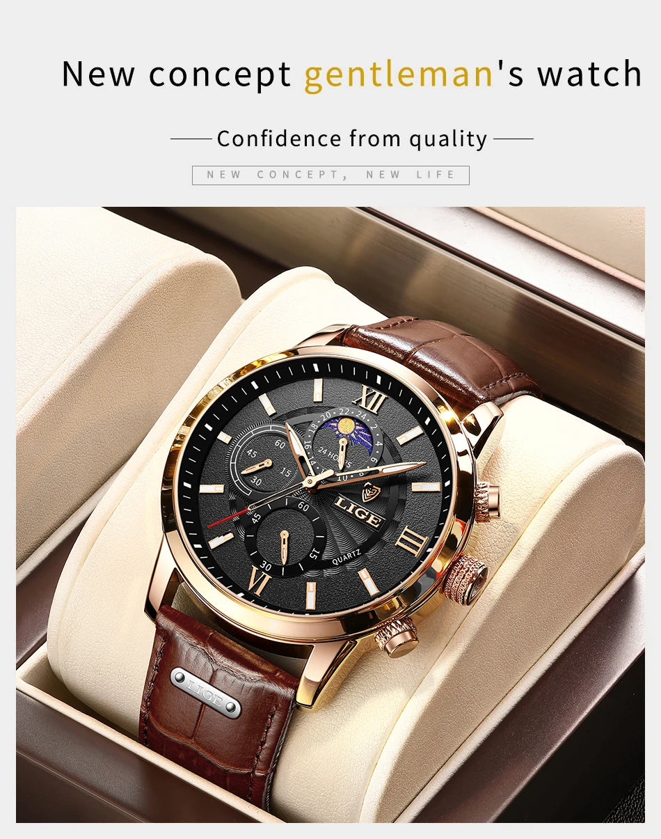 LIGE 2024 New Mens Watches Top Brand Luxury Brown Leather Casual Quartz Watch Men Sport Waterproof Clock Watch Relogio Masculino