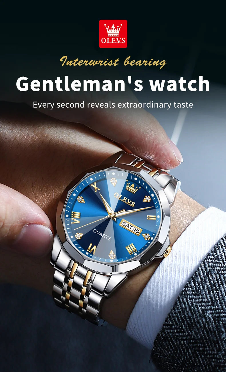 OLEVS Men's Watches Rhombus Mirror Original Quartz Watch for Man Waterproof Luminous Stainless Steel Wristwatch Male Date Week