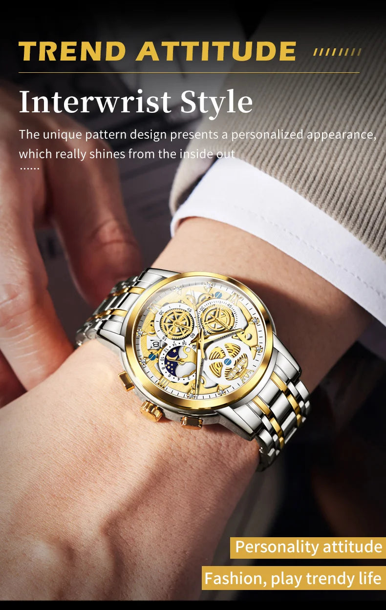 OLEVS 9947 Men's Watches Top Brand Luxury Original Waterproof Quartz Watch for Man Skeleton Style 24 Hour Day Night Wristwatch