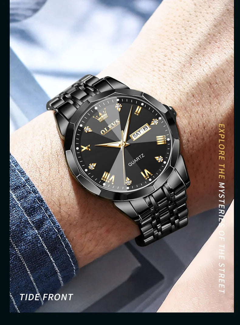 OLEVS Men's Watches Rhombus Mirror Original Quartz Watch for Man Waterproof Luminous Stainless Steel Wristwatch Male Date Week