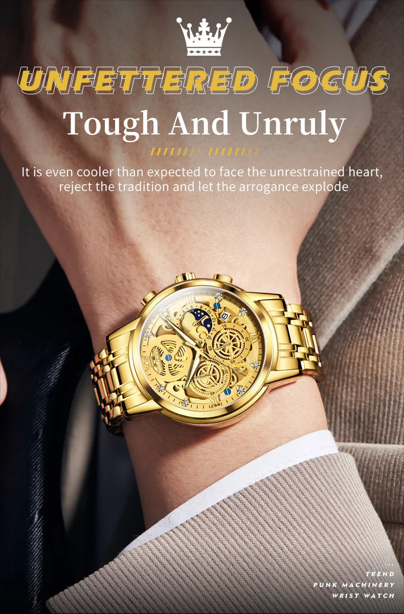 OLEVS 9947 Men's Watches Top Brand Luxury Original Waterproof Quartz Watch for Man Skeleton Style 24 Hour Day Night Wristwatch