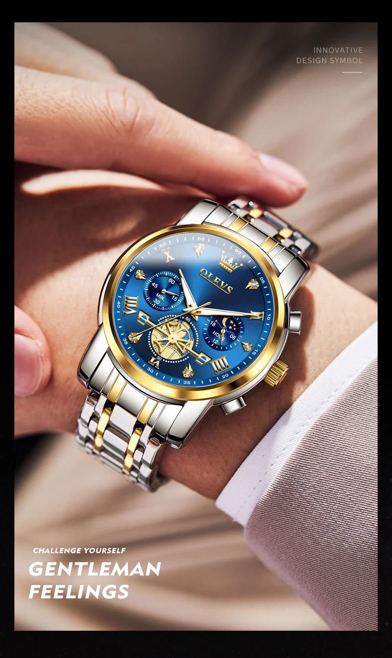 OLEVS 2856 Men's Watches Classic Multifunctional Fltwheel Chronograph Original Quartz Wristwatch Moon Phase 24 Hour Waterproof