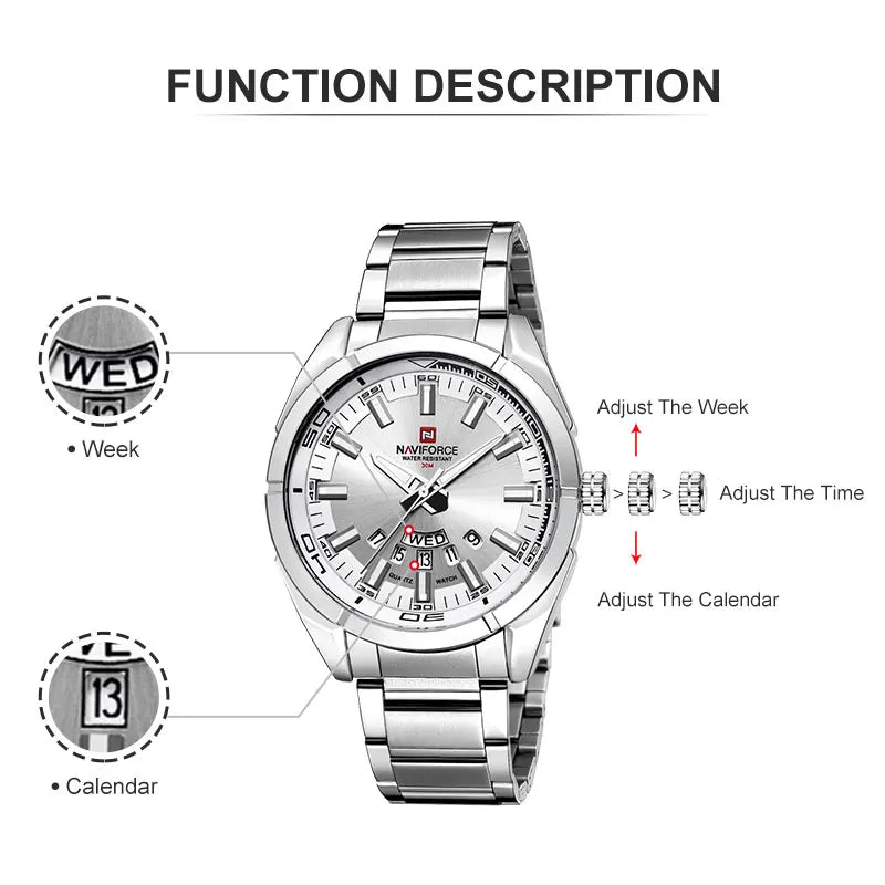 NAVIFORCE Classic Casual Watch for Men Stainless teel Sport Waterproof Male Watches Quartz Date Display Clock  Relogio Masculino